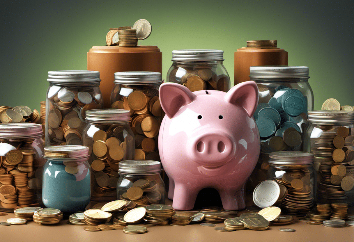 An image showcasing a diverse range of piggy banks, jars, and envelopes, each labeled with savings goals like "medical expenses" or "car repairs," surrounded by stacks of coins and dollar bills