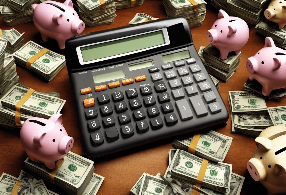 An image showcasing a calculator surrounded by stacks of dollar bills and a piggy bank, representing the process of calculating the ideal amount for an emergency fund, conveying the importance of financial preparedness