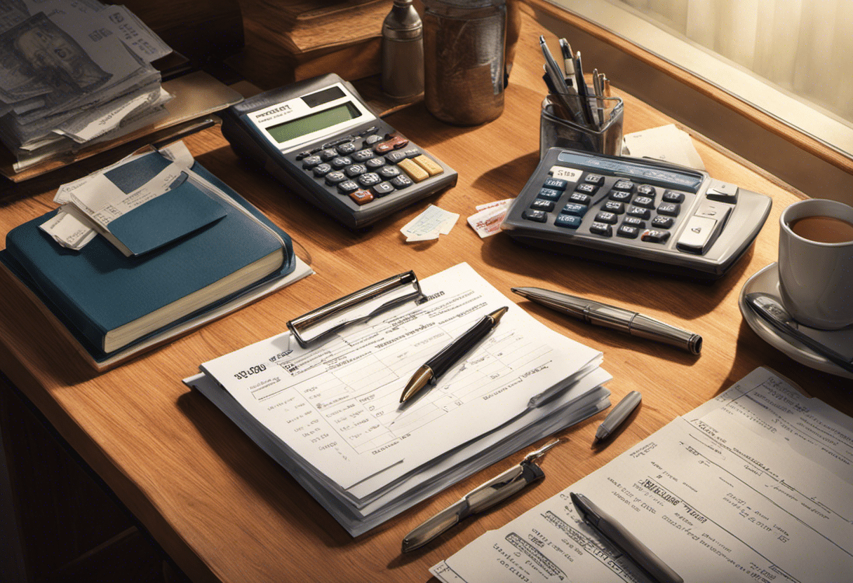 An image depicting a desk with a notepad and pen, surrounded by bills, receipts, and a calculator