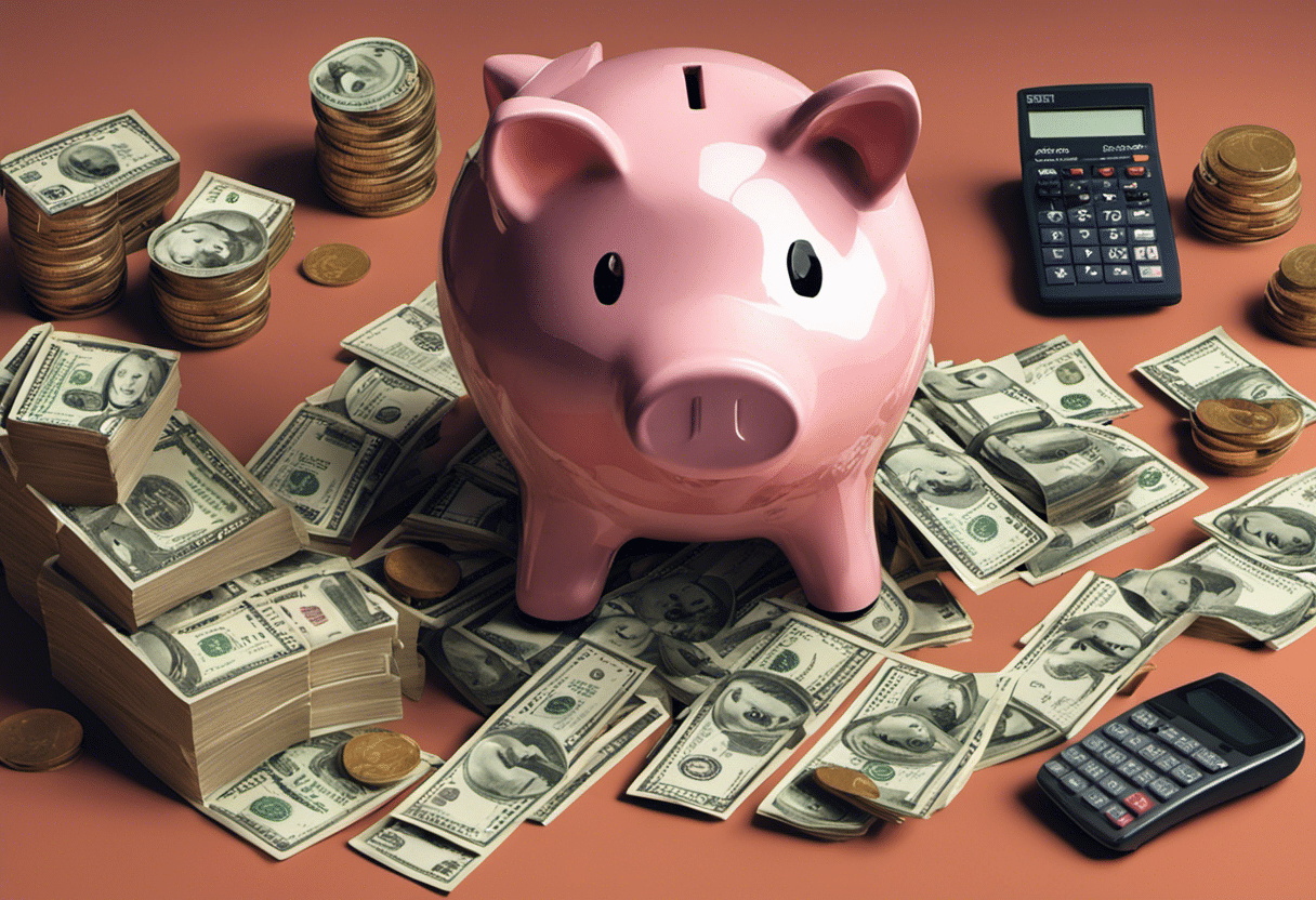 An image showcasing a piggy bank overflowing with dollar bills, surrounded by a collection of money-saving tools such as a calculator, a budget spreadsheet, and a jar labeled "Emergency Fund