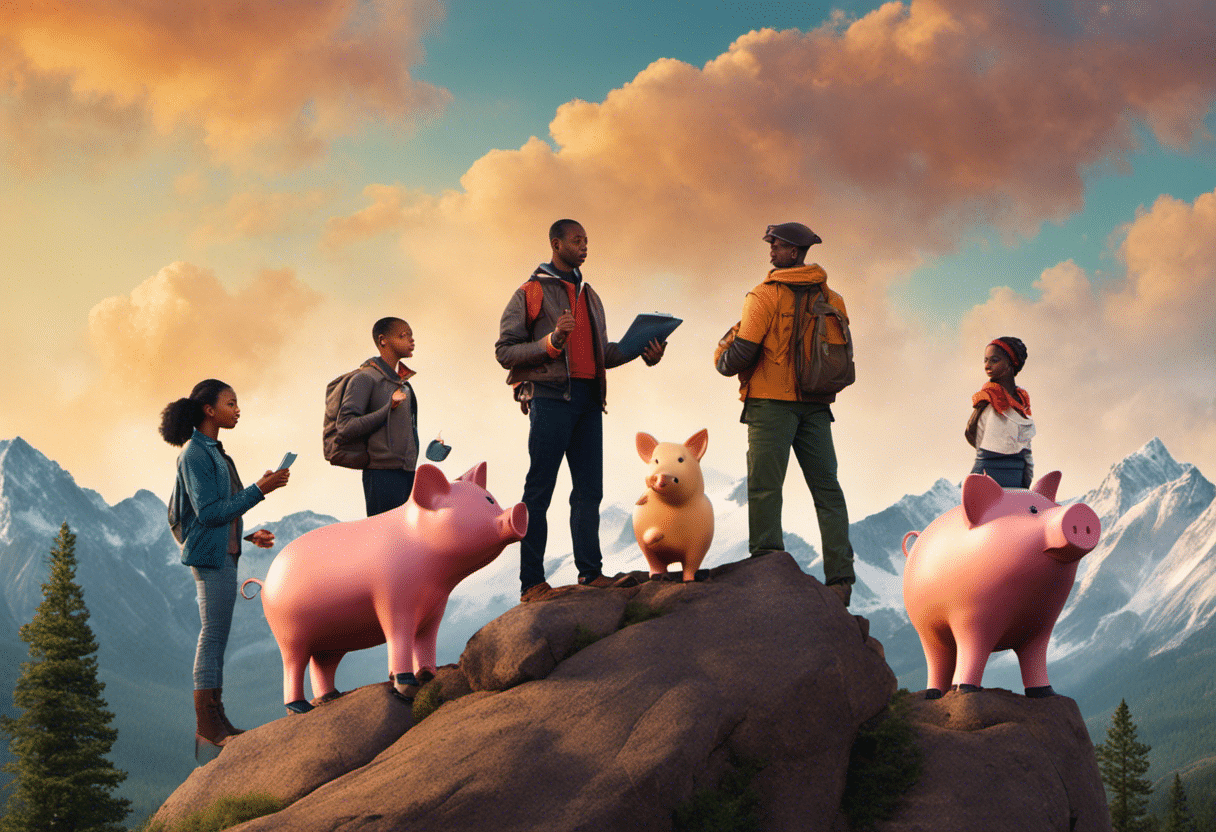 An image showcasing a diverse group of individuals standing atop a mountain, symbolizing their financial goals