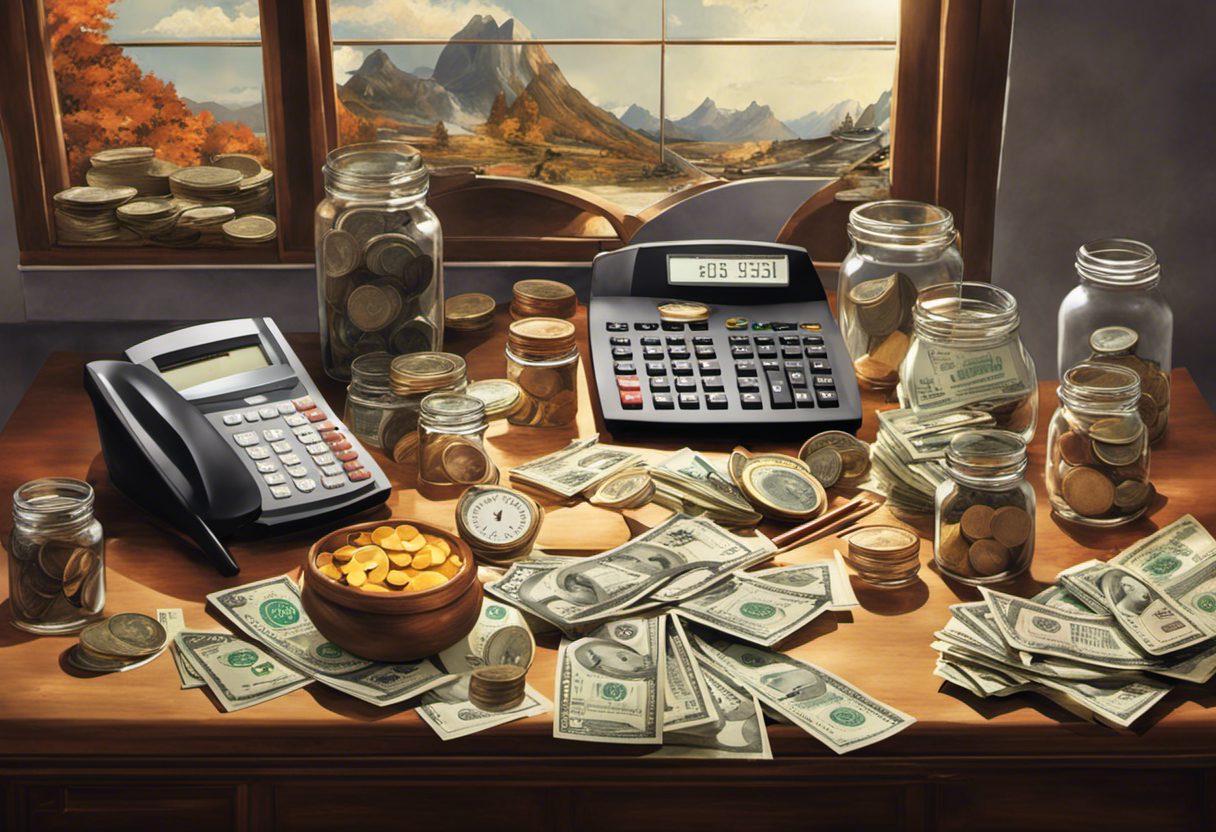 An office desk with a calculator, a split pie chart highlighting fixed and variable costs, different piles of money, and two labeled jars representing these costs