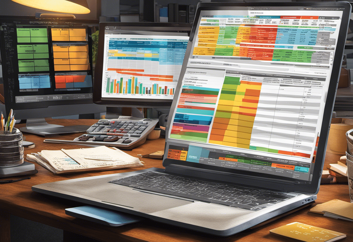  an image of a detailed, color-coded budget spreadsheet with various categories like supplies, payroll, marketing, highlighted on a laptop screen