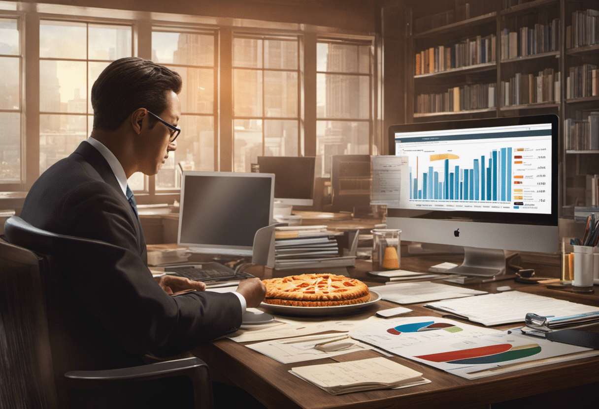  small business owner at a desk, analyzing a pie chart and bar graph representing budget distribution, with a strong, secure safe in the background symbolizing financial stability