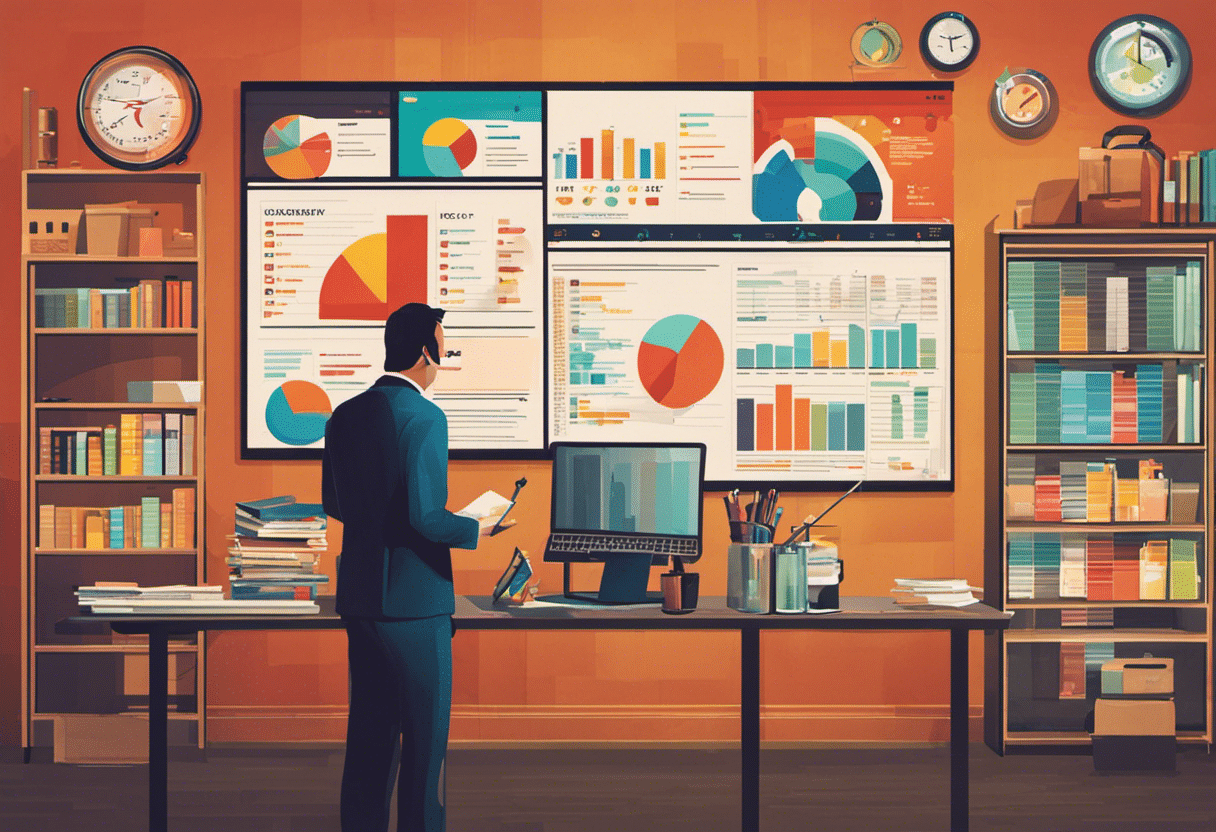 Ge of a small business owner analyzing a color-coded pie chart, bar graph, and line graph, symbolizing regular budget monitoring, with a magnifying glass highlighting the details