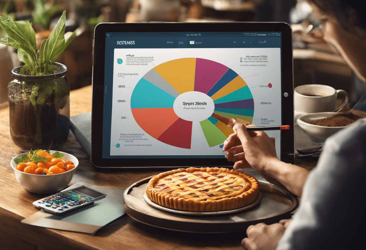  small business owner analyzing a pie chart on a digital tablet, with various colored segments representing different expenses, and the largest segment signifying the profit margin