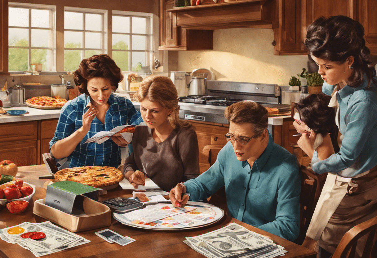 Stressed family examining a pile of bills at a kitchen table, with a calculator and a pie chart illustrating different types of debt