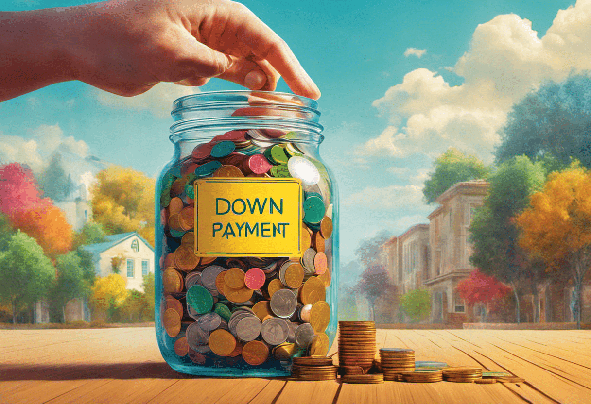 An image of a hand holding a jar labeled "Down Payment" filled with colorful coins, surrounded by a vibrant path lined with milestones, symbolizing progress and motivation towards homeownership