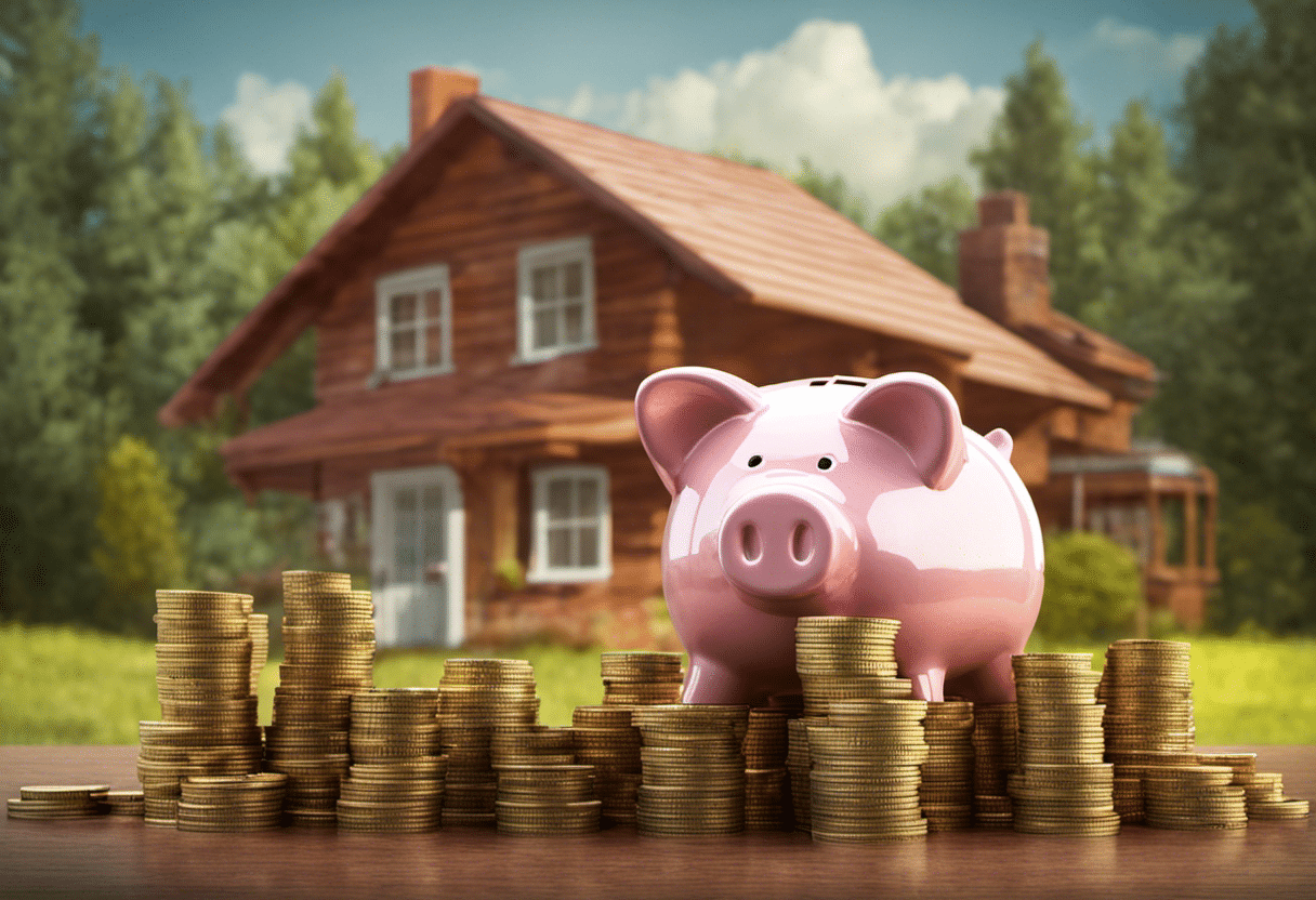 An image showcasing a piggy bank with a growing stack of coins, symbolizing a down payment