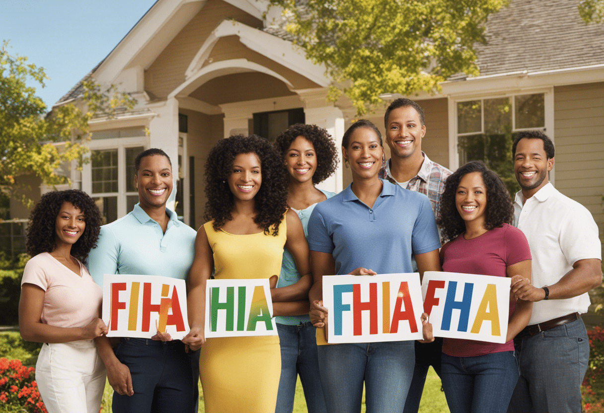 An image depicting a diverse group of first-time homebuyers, each holding a different sign representing alternative loan options such as FHA, VA, and USDA, symbolizing the variety of choices available to help save for a down payment