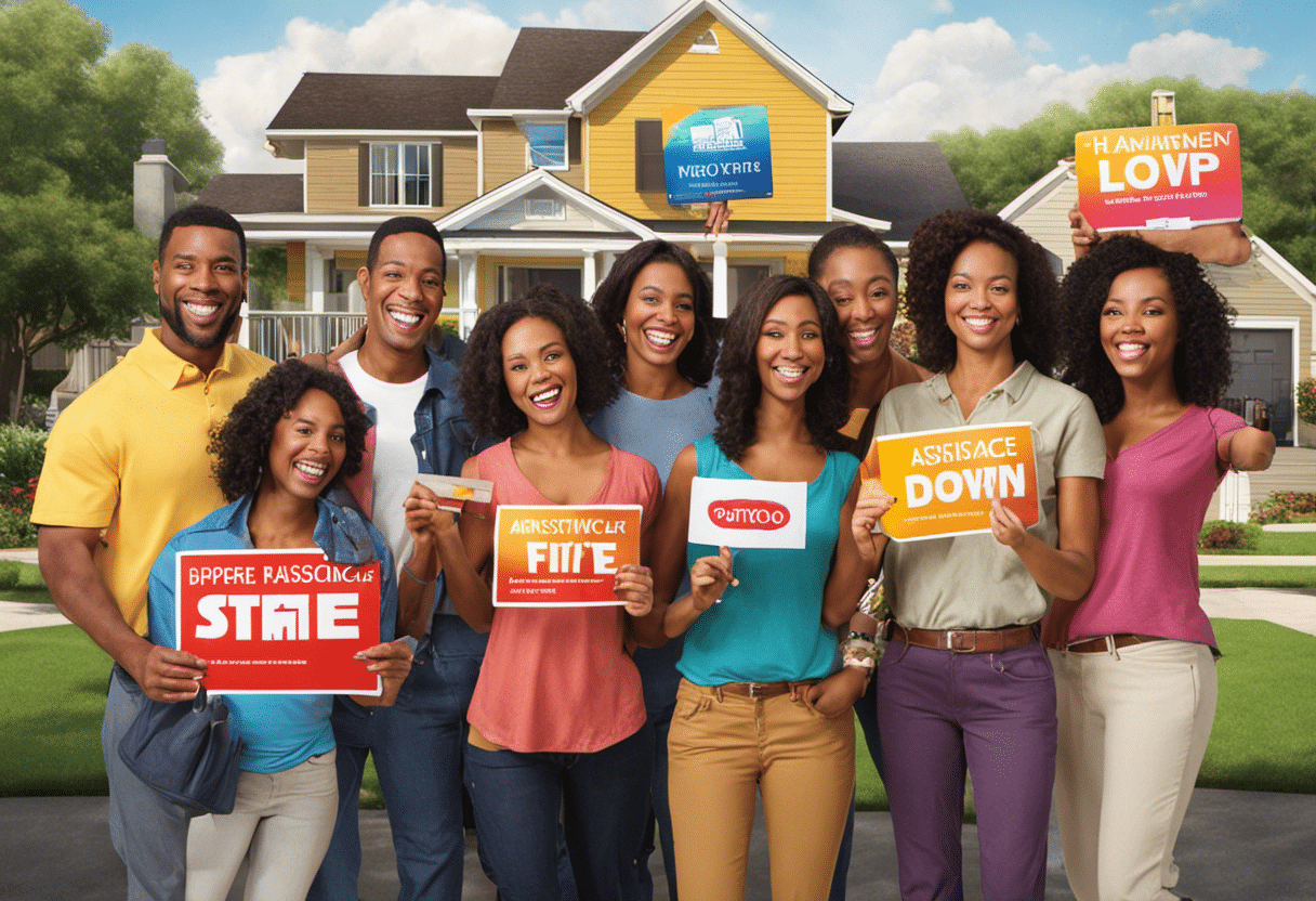 An image depicting a diverse group of first-time homebuyers smiling and holding a "Down Payment Assistance Programs" sign, surrounded by a variety of colorful houses, representing the range of options available