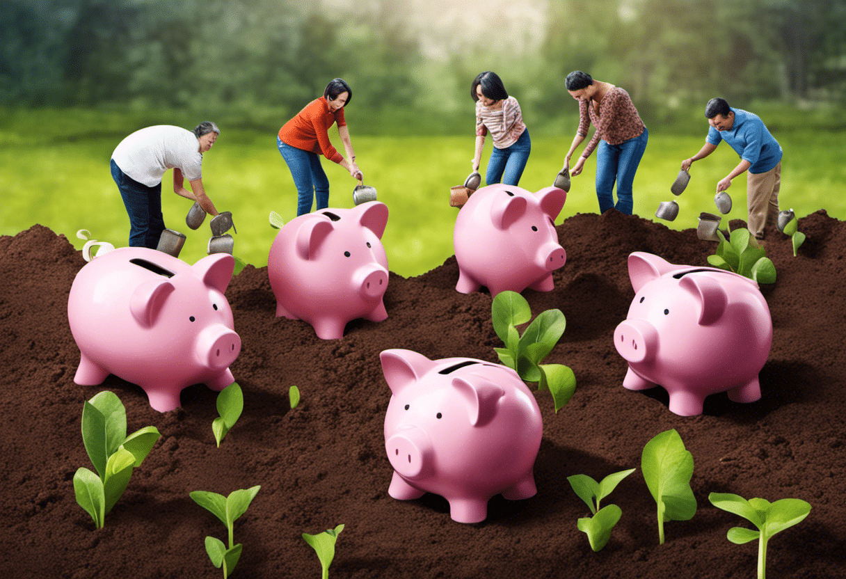 An image depicting a diverse group of people planting money seeds in a row of piggy banks, symbolizing the concept of investing and growing money for first-time homebuyers