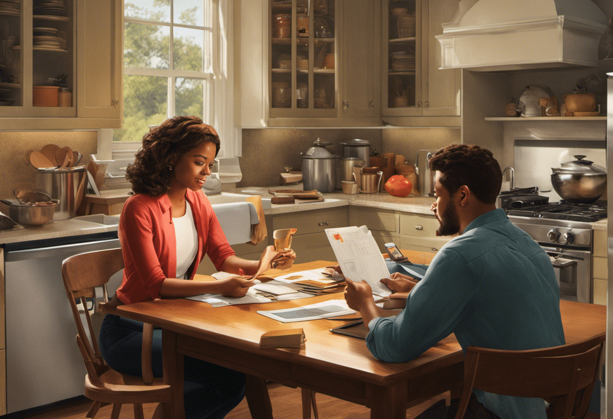 An image of a young couple sitting at a kitchen table, surrounded by budgeting tools like a calculator, notepad, and piggy bank, while they discuss and plan their financial goals for saving for a down payment