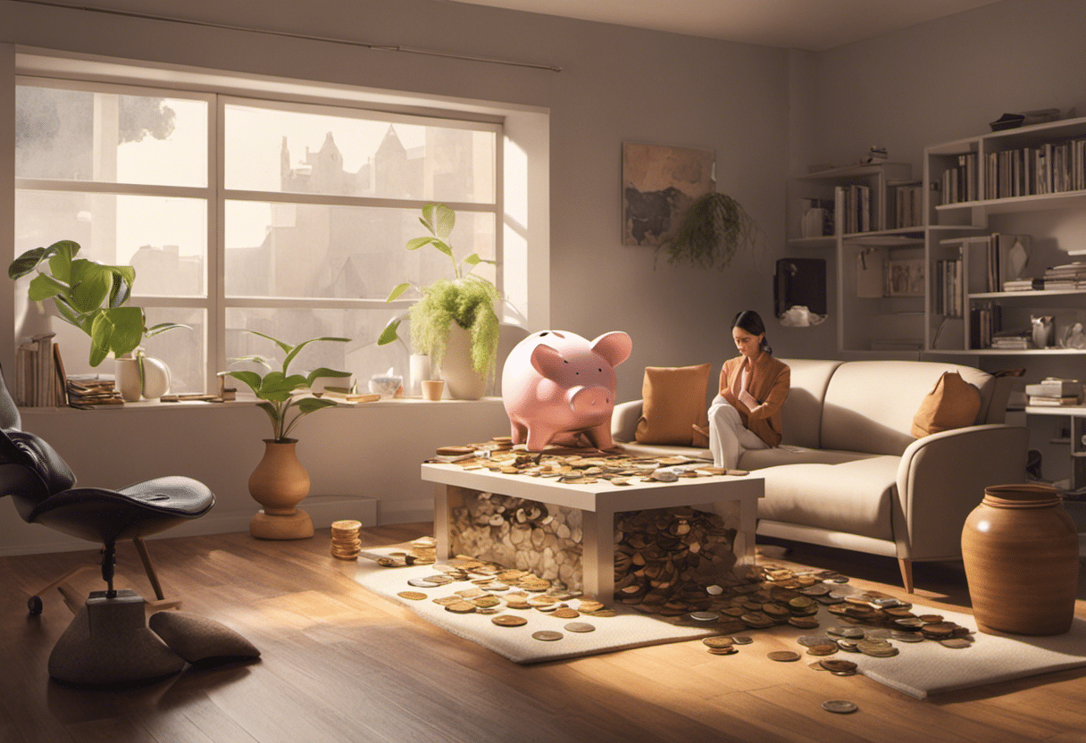  serene individual meditating in a minimalist, clutter-free, well-organized room, with a transparent piggy bank full of coins nearby, symbolizing strict budgeting and improved quality of life