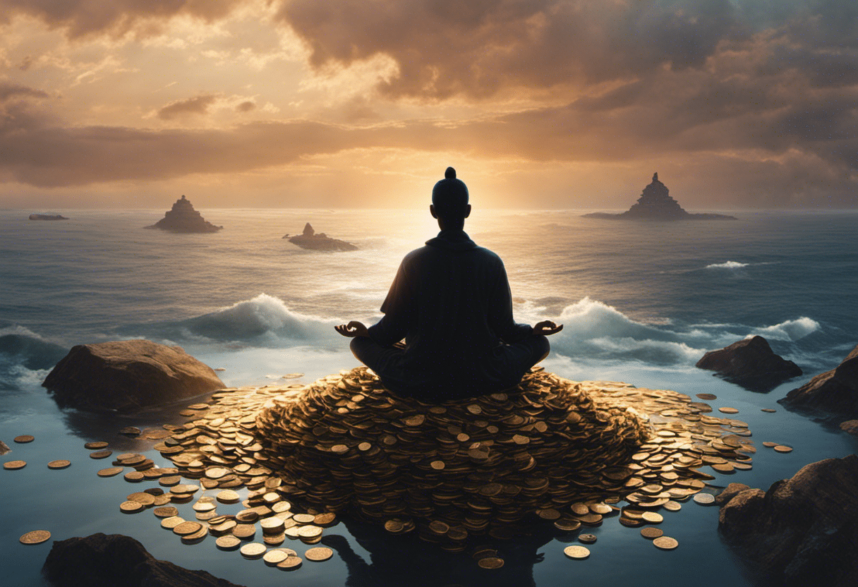 E of a serene person meditating on a pile of coins, with a clear mind symbolized by a calm sea inside their silhouette