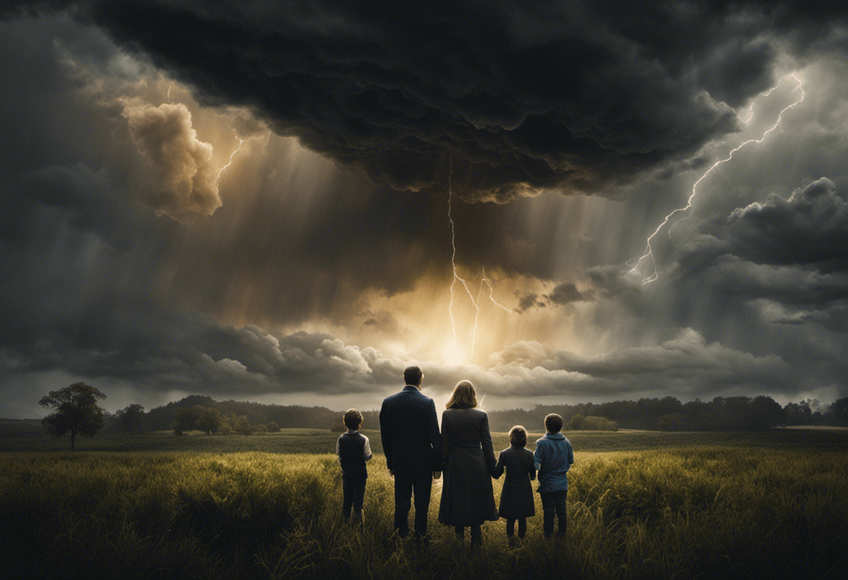 An image showcasing a worried family surrounded by dark storm clouds, highlighting the relief and security an emergency fund can provide during unexpected crises