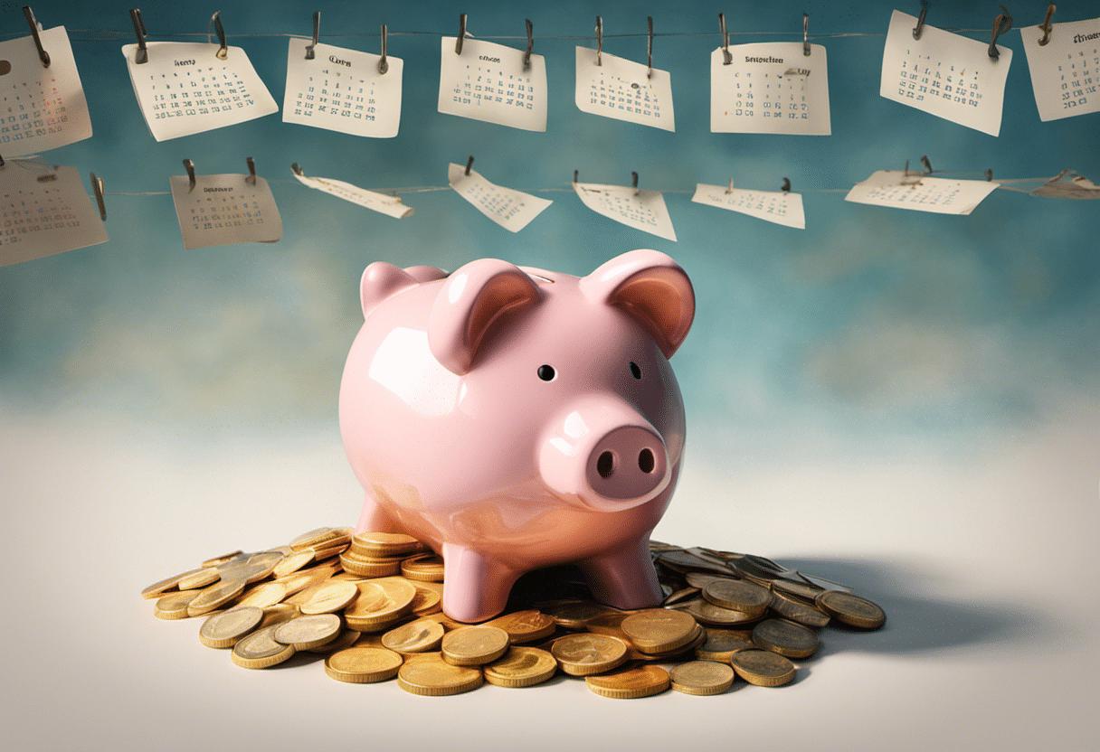 An image showcasing a piggy bank being filled with coins against a backdrop of a calendar, illustrating the step-by-step process of saving money